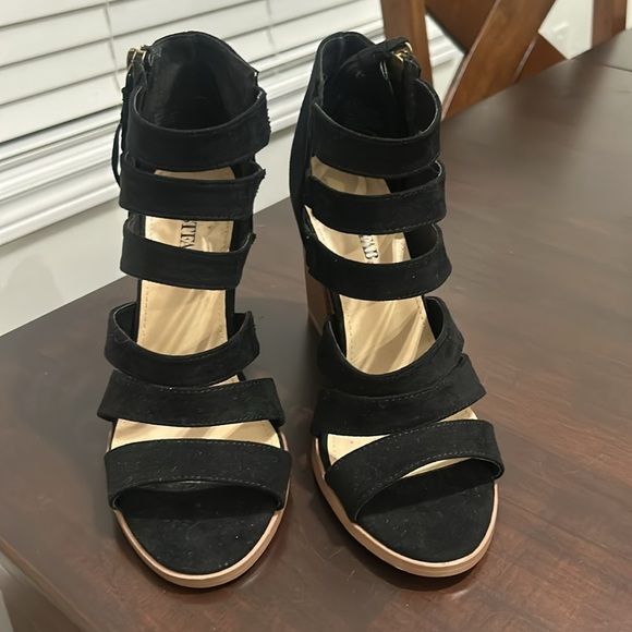 Just Fab Microfibre Strappy Open Toe Chunky Wooden Heels Sandals Black Size 8 - Picture 7 of 14